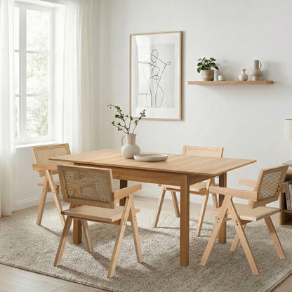 7pc & 5pc Dining Table and Chairs Set Wooden Rattan Style Natural Finish