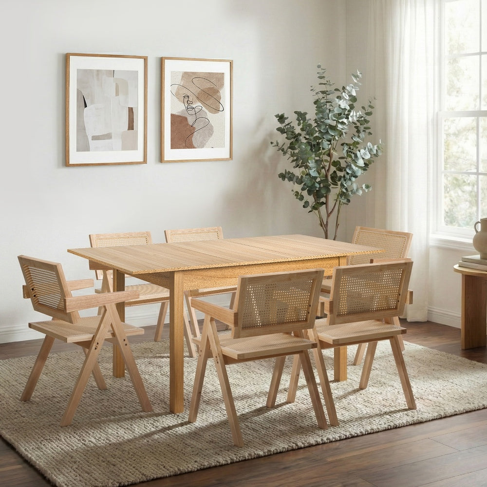7pc & 5pc Dining Table and Chairs Set Wooden Rattan Style Natural Finish