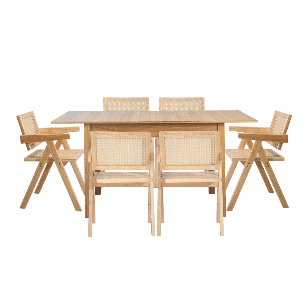7pc & 5pc Dining Table and Chairs Set Wooden Rattan Style Natural Finish