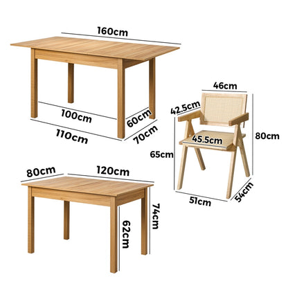 7pc & 5pc Dining Table and Chairs Set Wooden Rattan Style Natural Finish