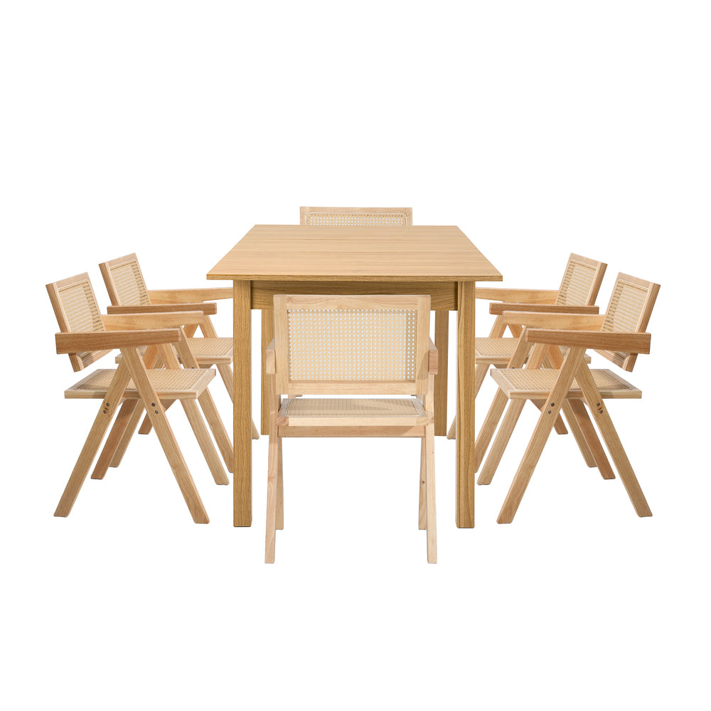 7pc & 5pc Dining Table and Chairs Set Wooden Rattan Style Natural Finish