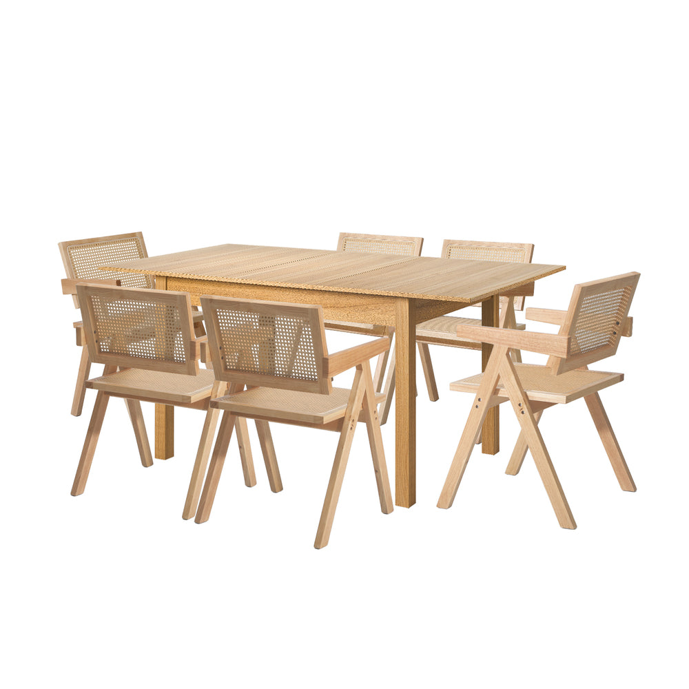 7pc & 5pc Dining Table and Chairs Set Wooden Rattan Style Natural Finish