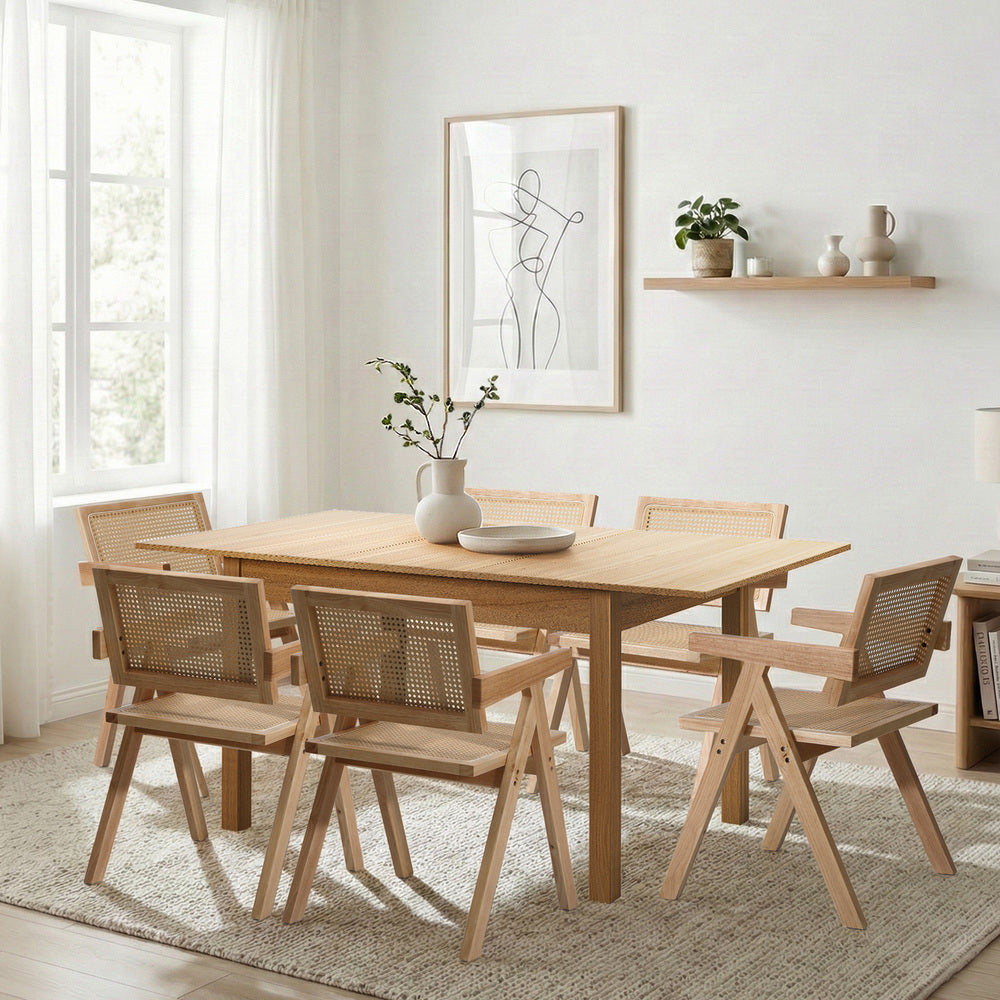 7pc & 5pc Dining Table and Chairs Set Wooden Rattan Style Natural Finish