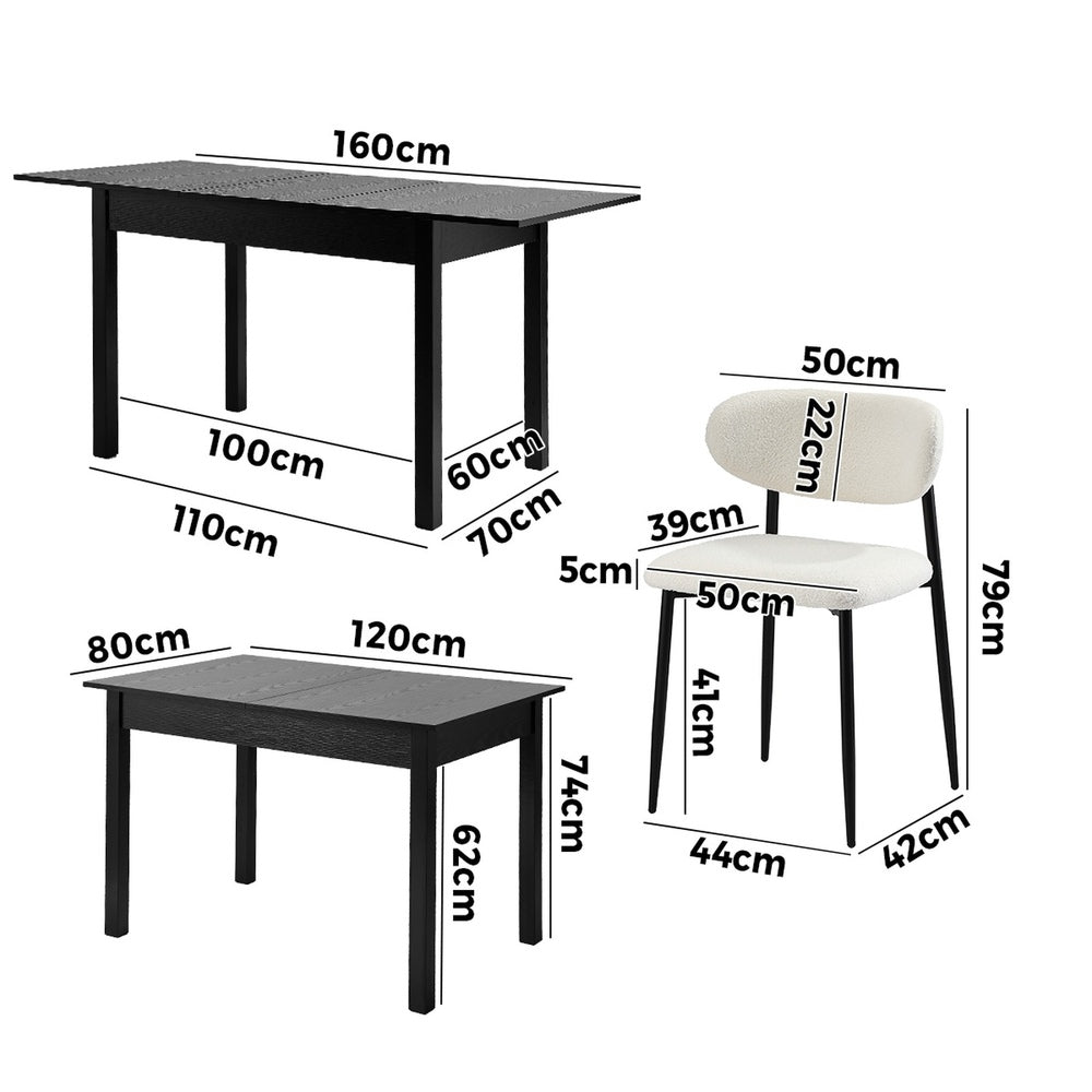 5&7 Piece Dining Table With Chairs Wooden Boucle Dining Set Black