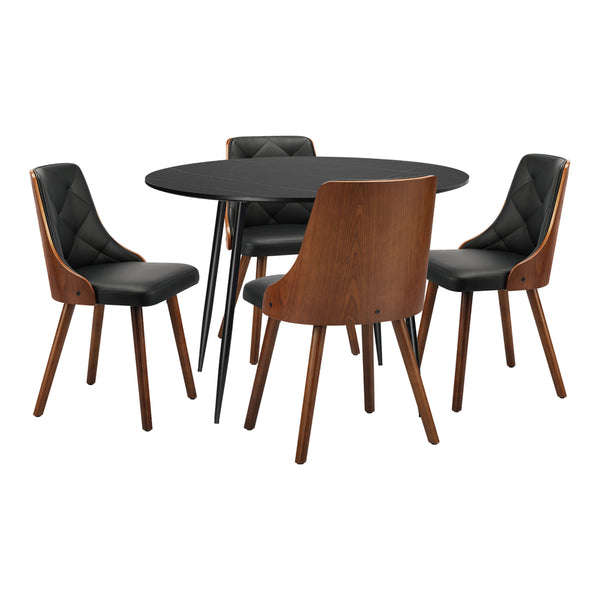  110cm Round Dining Table, 4 Chairs Leather Black/Linen Grey