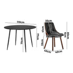 110cm Round Dining Table, 4 Chairs Leather Black/Linen Grey