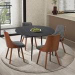 110cm Round Dining Table, 4 Chairs Leather Black/Linen Grey