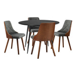 110cm Round Dining Table, 4 Chairs Leather Black/Linen Grey