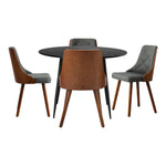 110cm Round Dining Table, 4 Chairs Leather Black/Linen Grey