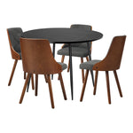 110cm Round Dining Table, 4 Chairs Leather Black/Linen Grey