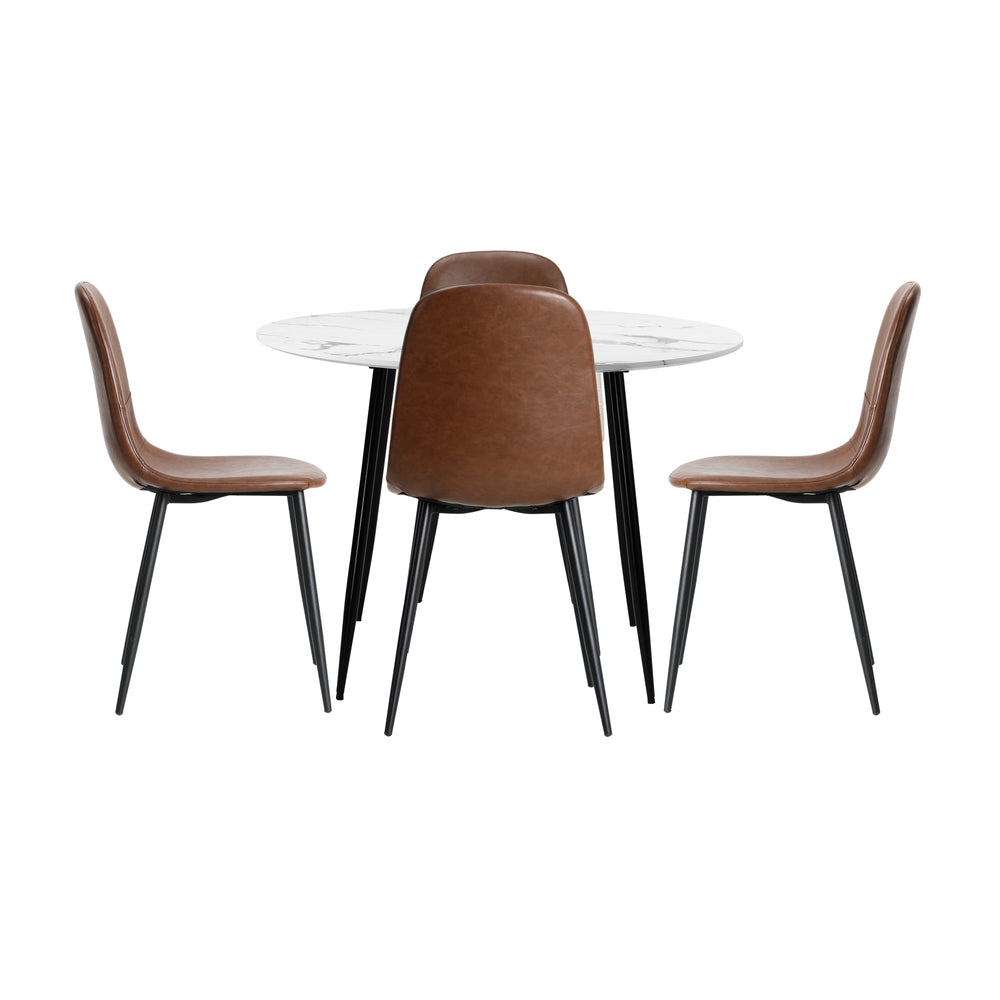 Round Dining Table & 4PCS Dining Chairs PU Brown