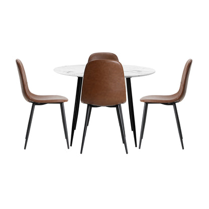 Round Dining Table & 4PCS Dining Chairs PU Brown