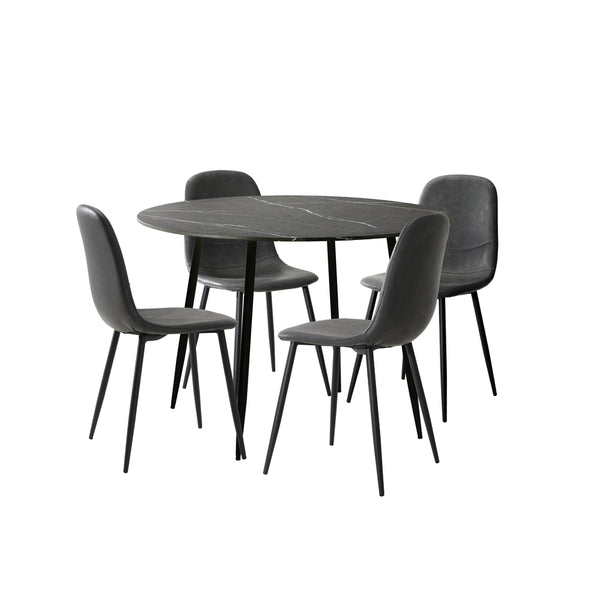  110cm Round Dining Table with 4PCS Dining Chairs PU Grey&Black