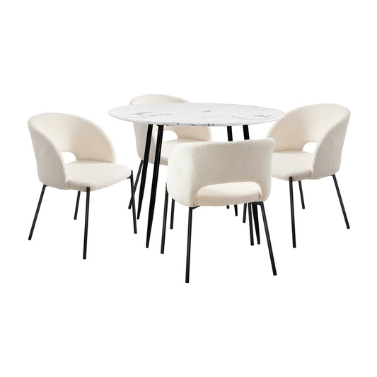 110cm Round Dining Table with 4PCS Chairs Sherpa White