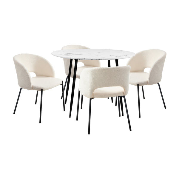  110cm Round Dining Table with 4PCS Chairs Sherpa White