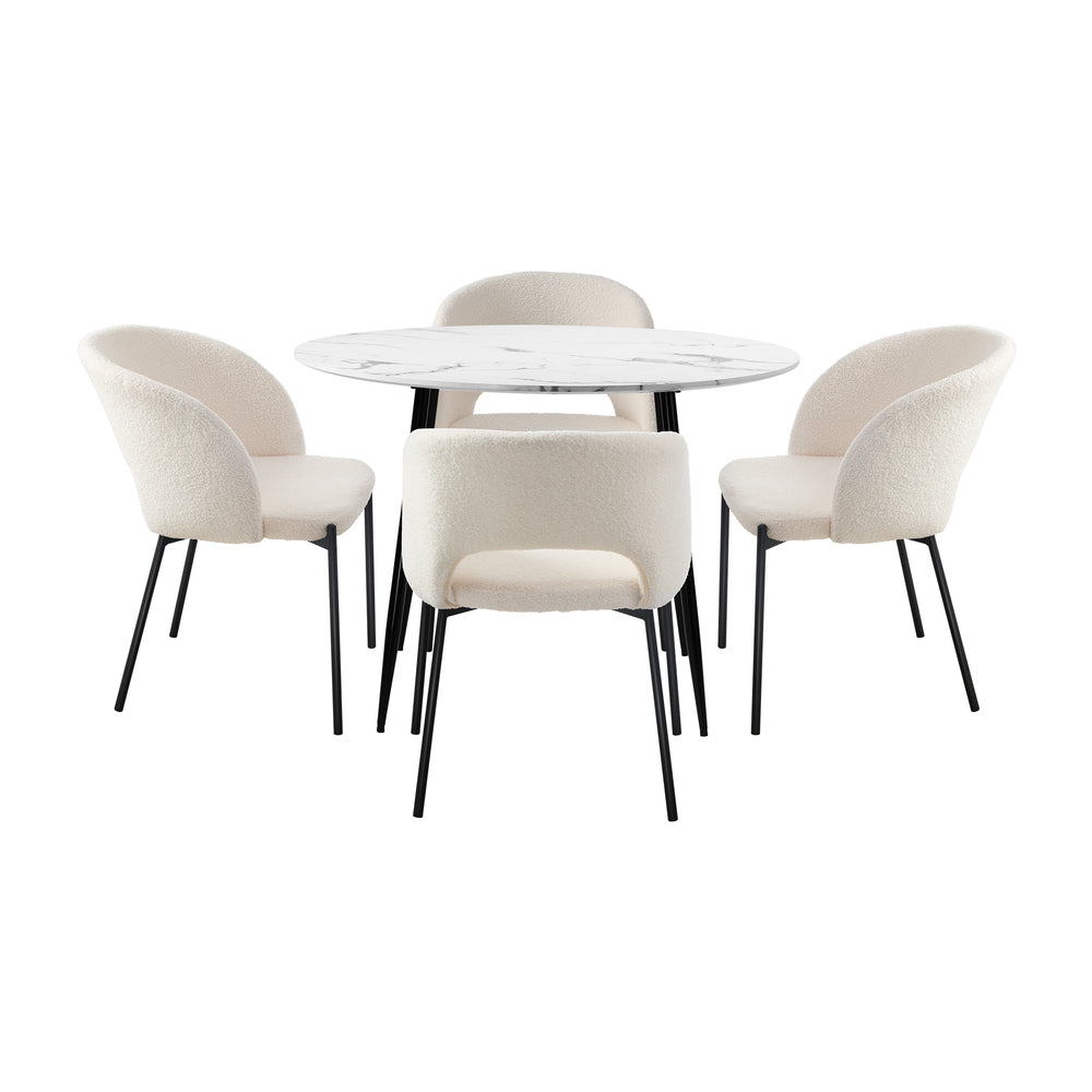 110cm Round Dining Table with 4PCS Chairs Sherpa White