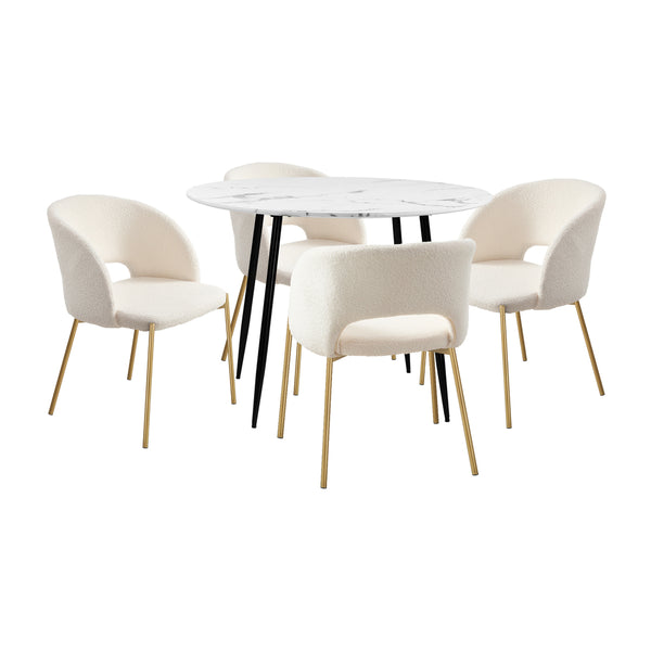  110cm Round Dining Table with 4PCS Dining Chairs Sherpa Gold