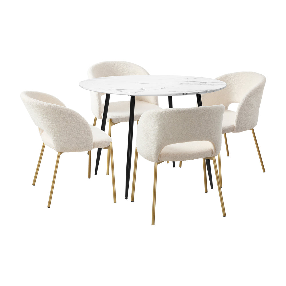 110cm Round Dining Table with 4PCS Dining Chairs Sherpa Gold