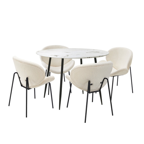  110cm Round Dining Table with 4PCS Chairs White Sherpa