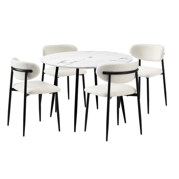  110cm Round Dining Table with 4x Dining Chairs Boucle Black&White