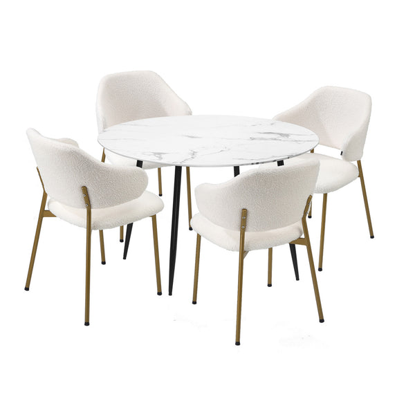  110cm Round Dining Table with 4PCS Chairs Sherpa Gold