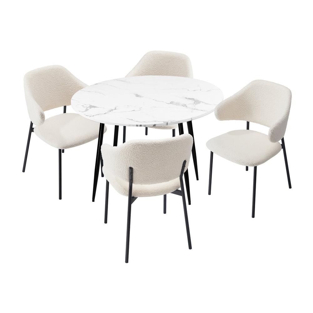 Round Dining Table with 4PCS Chairs Sherpa White