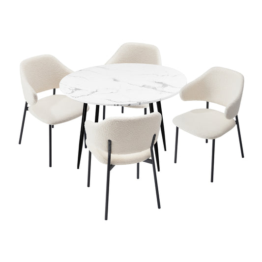 Round Dining Table with 4PCS Chairs Sherpa White