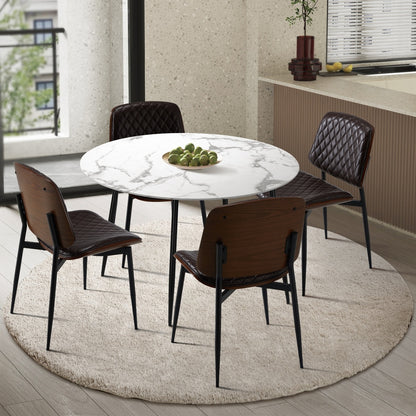 Round Dining Table & 4PCS Dining Chairs PU Walnut