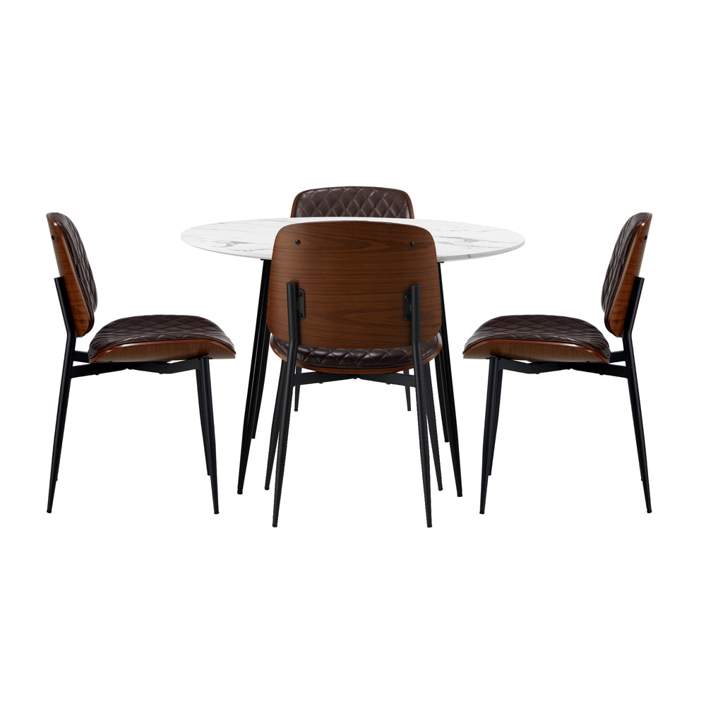 Round Dining Table & 4PCS Dining Chairs PU Walnut