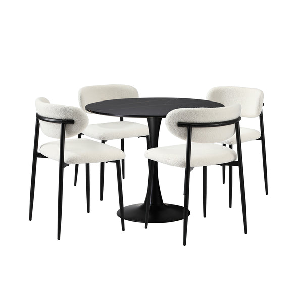  90cm Round Dining Table with 4x Dining Chairs Boucle Black&White