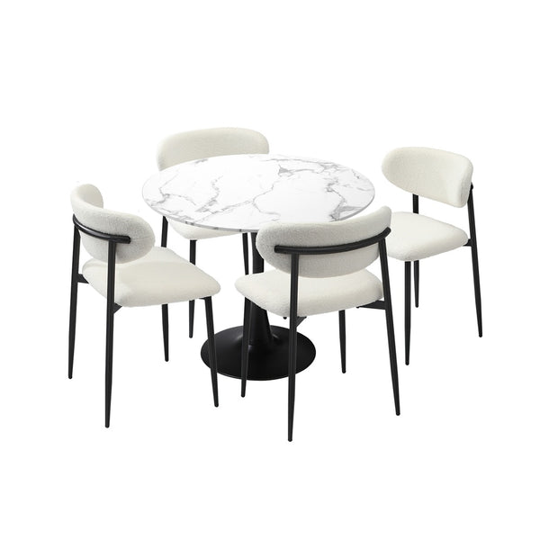  90cm Round Dining Table with 4x Dining Chairs Boucle White