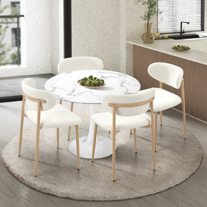 90cm Round Dining Table with 4x Dining Chairs Boucle White&Gold