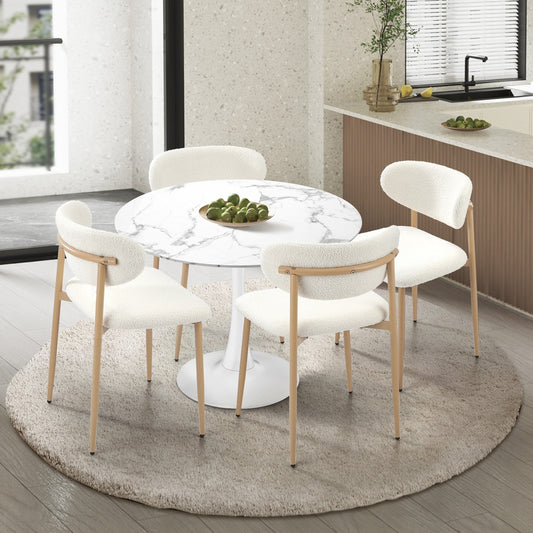 90cm Round Dining Table with 4x Dining Chairs Boucle White&Gold