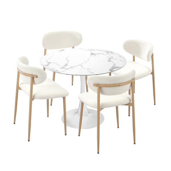  90cm Round Dining Table with 4x Dining Chairs Boucle White&Gold