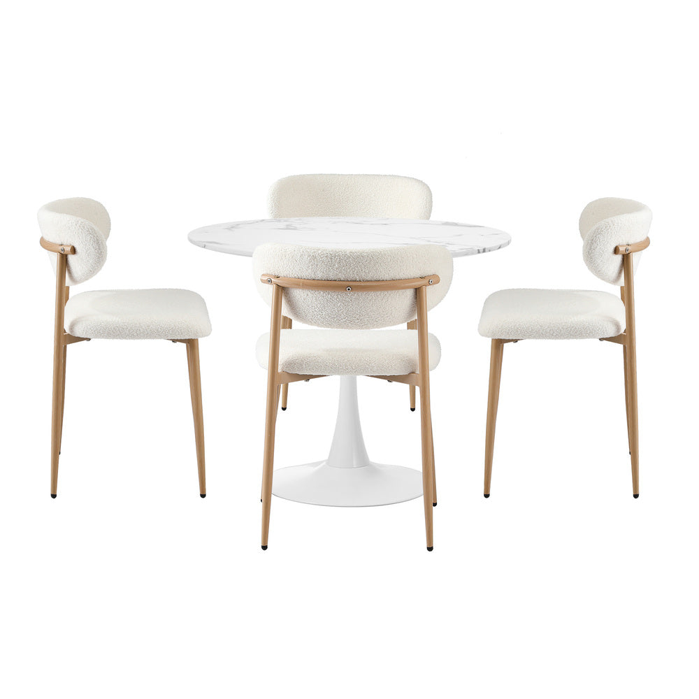 90cm Round Dining Table with 4x Dining Chairs Boucle White&Gold