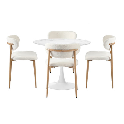 90cm Round Dining Table with 4x Dining Chairs Boucle White&Gold