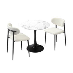 60cm Round Dining Table with 2x Dining Chairs Boucle White&Black