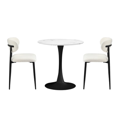 60cm Round Dining Table with 2x Dining Chairs Boucle White&Black