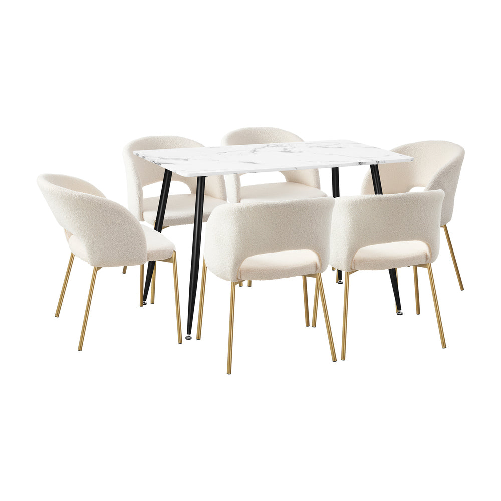120cm Rectangle Dining Table with 6 Grey & Gold Fabric Chairs for Dining Room