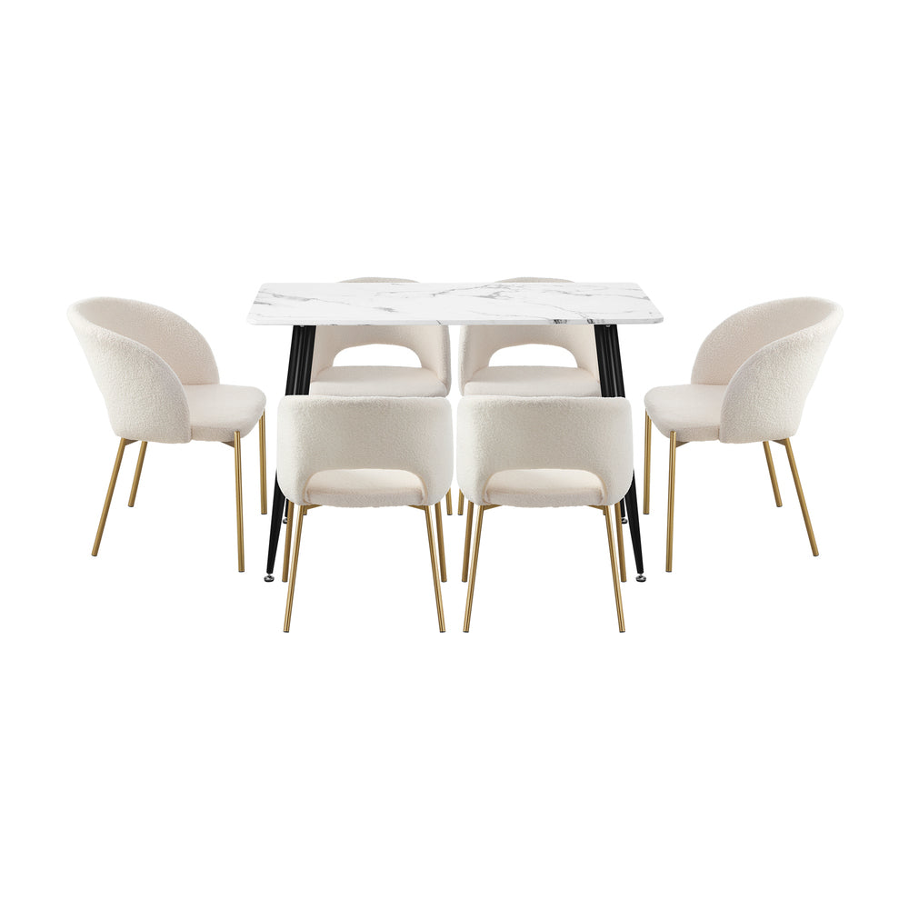 120cm Rectangle Dining Table with 6 Grey & Gold Fabric Chairs for Dining Room