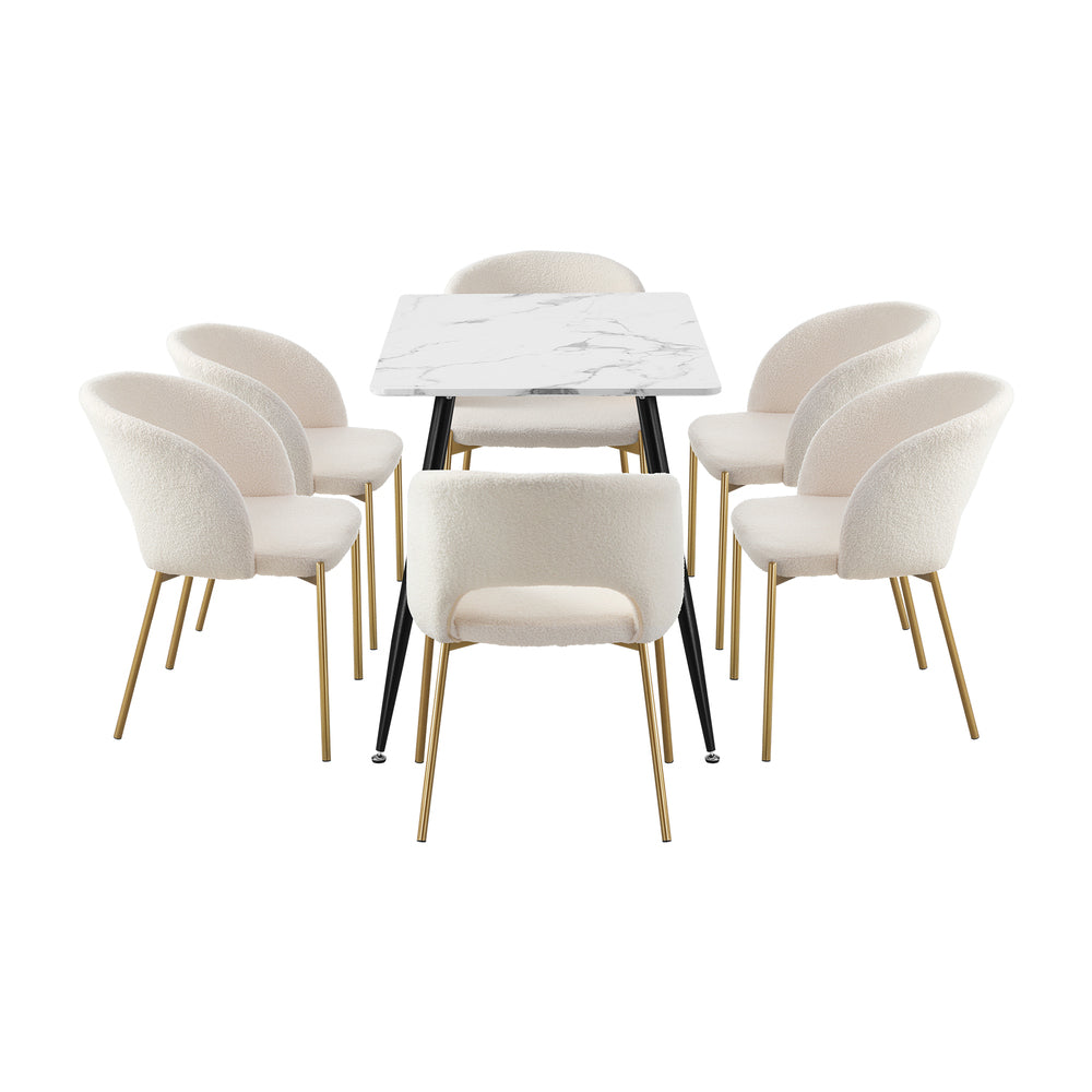 120cm Rectangle Dining Table with 6 Grey & Gold Fabric Chairs for Dining Room