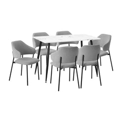 120cm Rectangle Dining Table Set with 6 Sherpa White & Grey Chairs for Dining