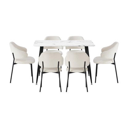 120cm Rectangle Dining Table Set with 6 Sherpa White & Grey Chairs for Dining