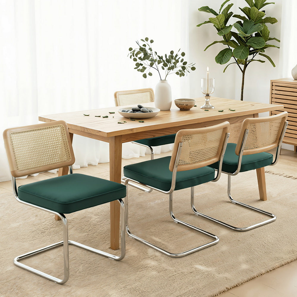 Dining Chairs Set Of 4 Velvet Rattan Cantilever Green Velvet