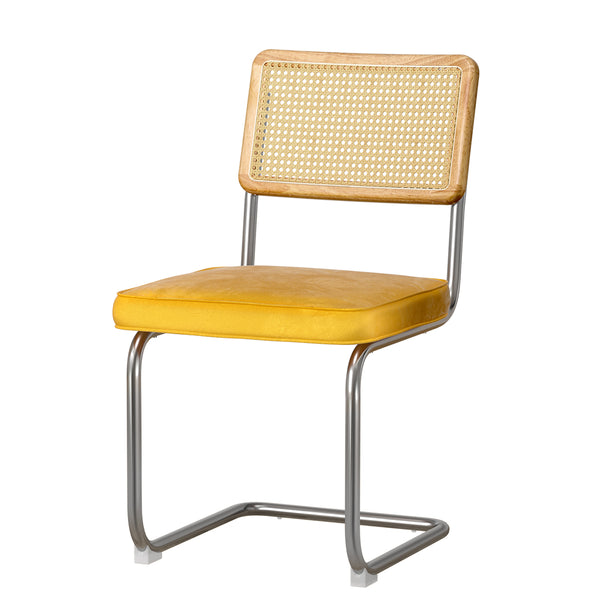  Dining Chairs Set Of 2 Velvet Rattan Cantilever Yellow