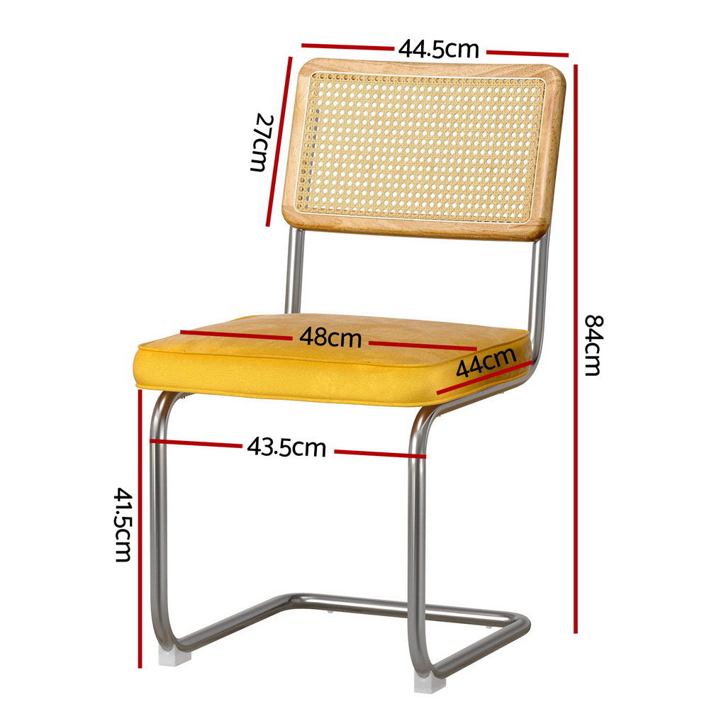 Yellow Velvet Rattan Dining Chairs Set of 4 Cantilever Kitchen Seating