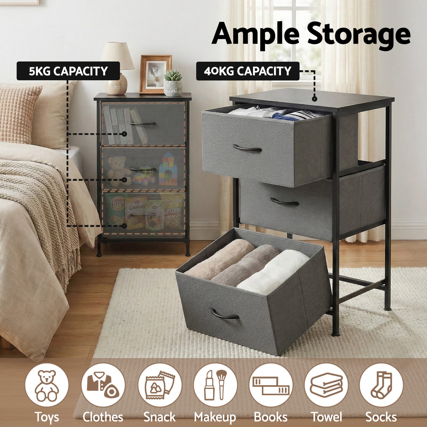 Set of 2 Chest of 3 Drawers Tallboy Grey | HomeAndLiving