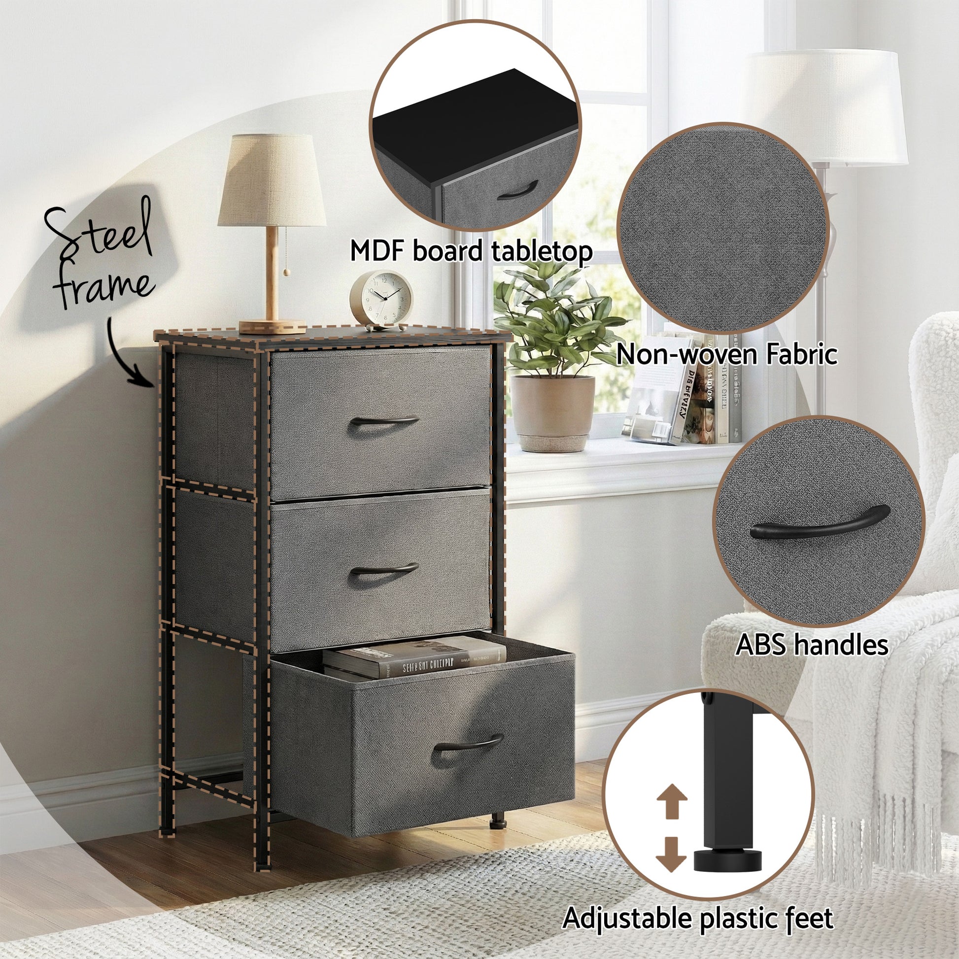 Set of 2 Chest of 3 Drawers Tallboy Grey | HomeAndLiving