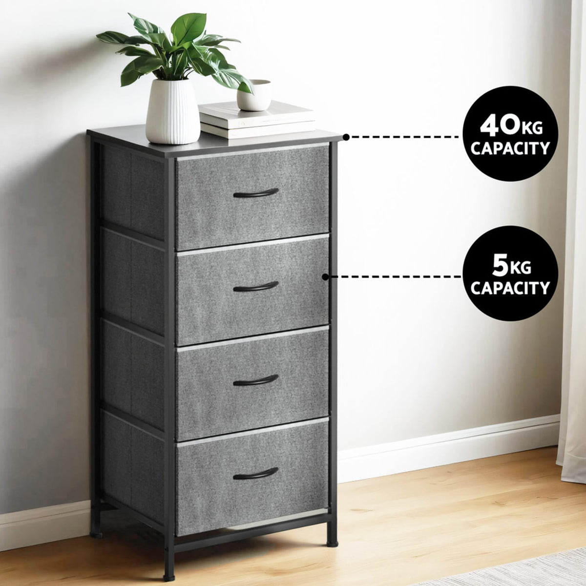 Grey Storage Dresser Tallboy 47x30x94cm