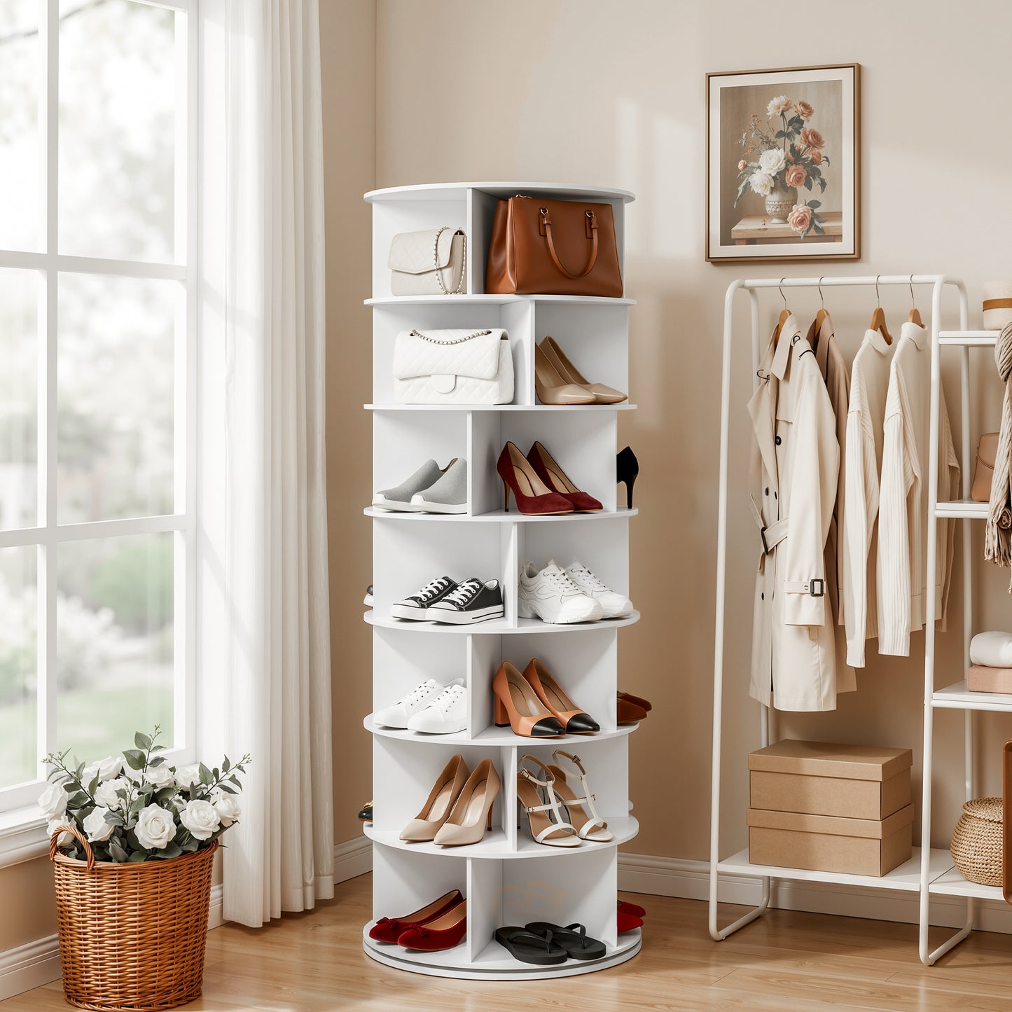 7 Tier Rotating Shoe Rack 28 Pairs White | HomeAndLiving